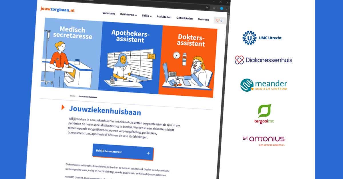 Een screenshot van de website Jouwziekenhuisbaan.nl. Rechts zie je de logo's van het UMC Utrecht, Diakonessenhuis, Meander Medisch Centrum, Tergooi MC en St. Antonius Ziekenhuis onder elkaar.